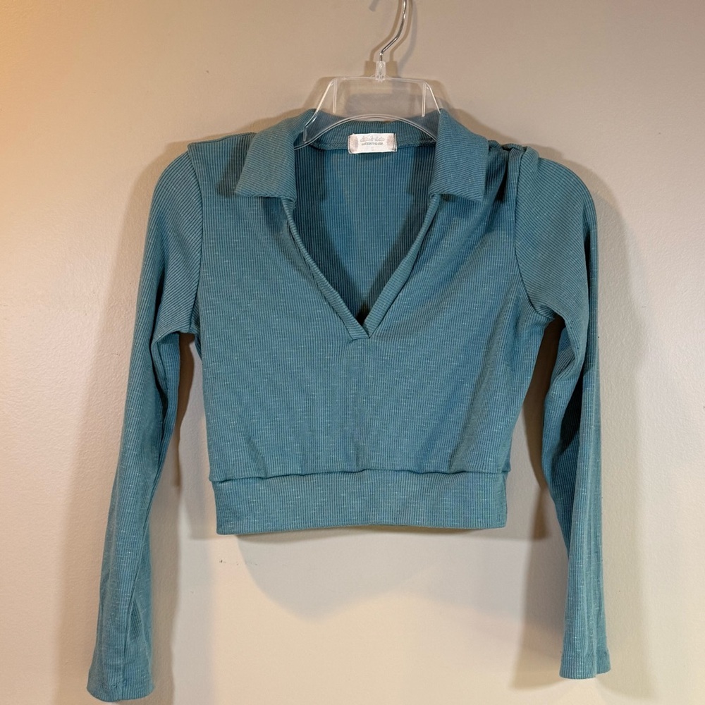Altard State S Teal Ribbed Cropped Long Sleeve Top V Neck Collared Soft Girl EUC